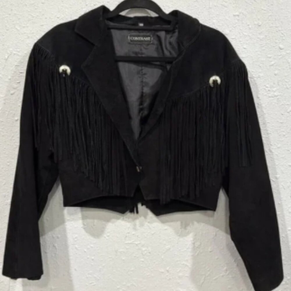 Vintage 90s Black Leather Western Jacket with Fringe